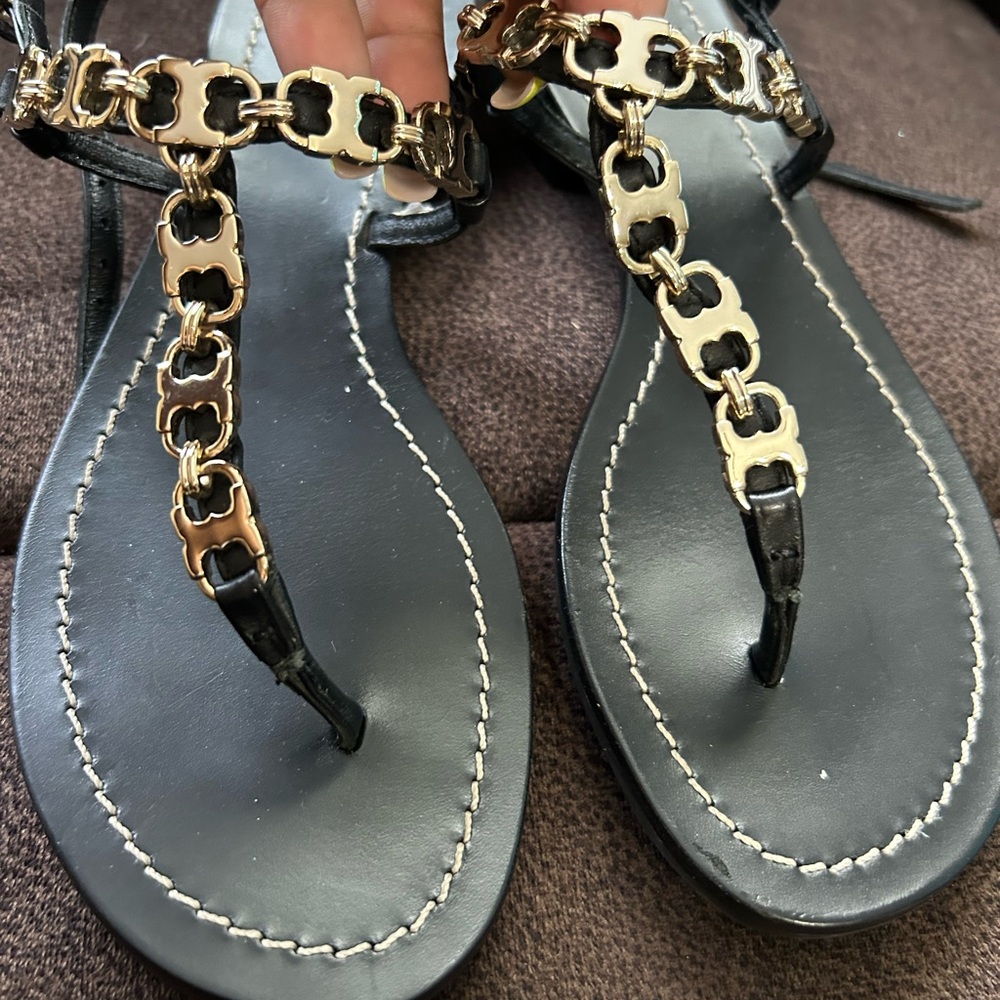Tory Burch Black Sandals with Gold Chain